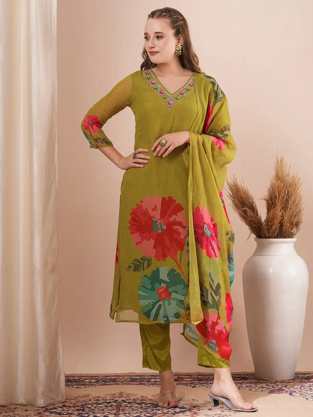 Abstract Floral Printed & Hand Embroidered Straight Fit Kurta with Pant and Dupatta - Green