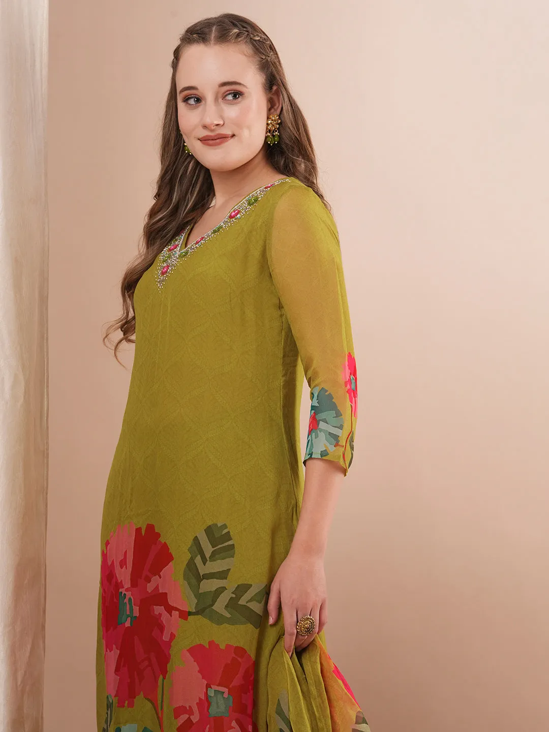 Abstract Floral Printed & Hand Embroidered Straight Fit Kurta with Pant and Dupatta - Green