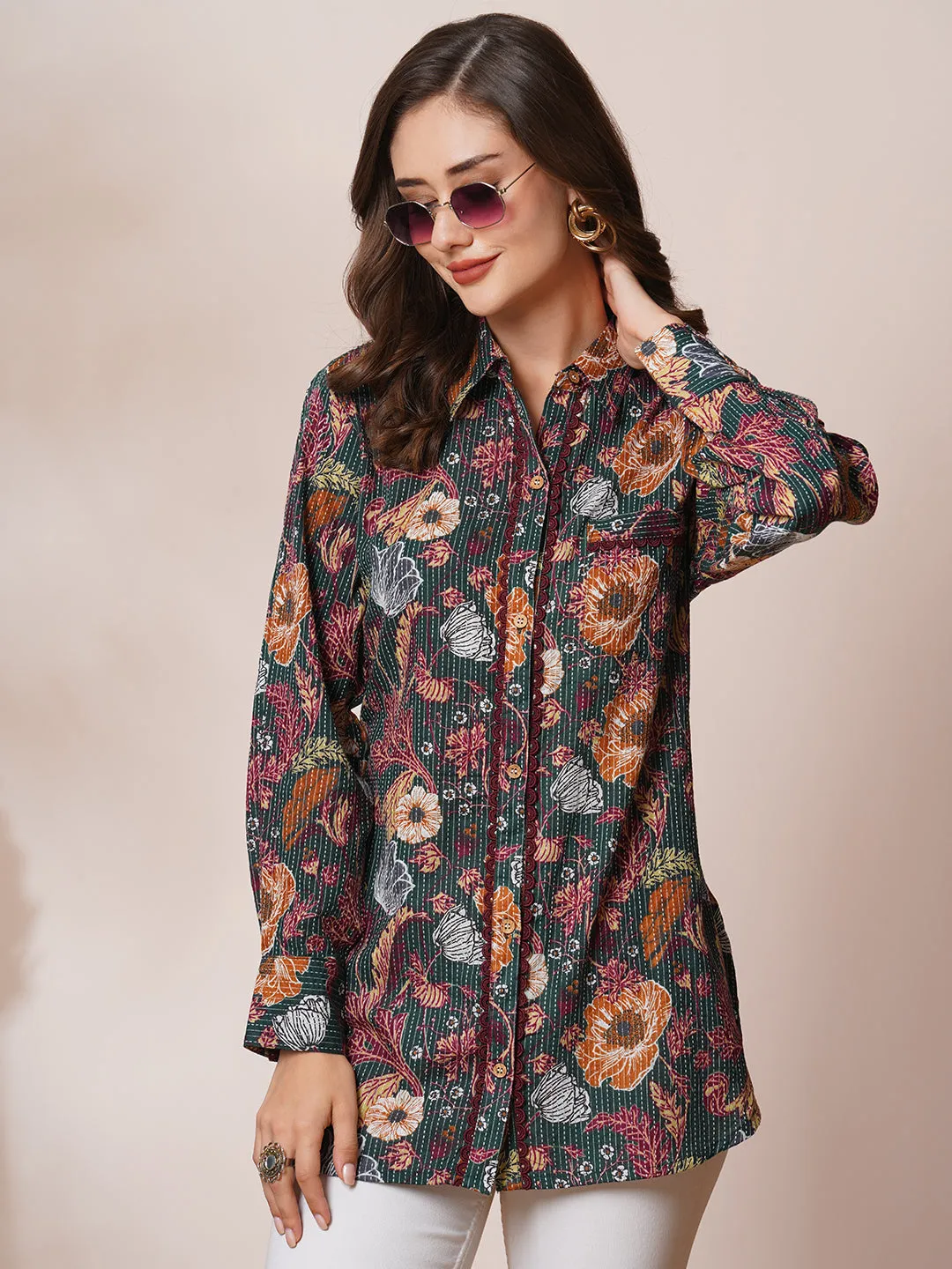 Abstract Floral Printed & Kantha Embroidered Straight Fit Kurti - Green