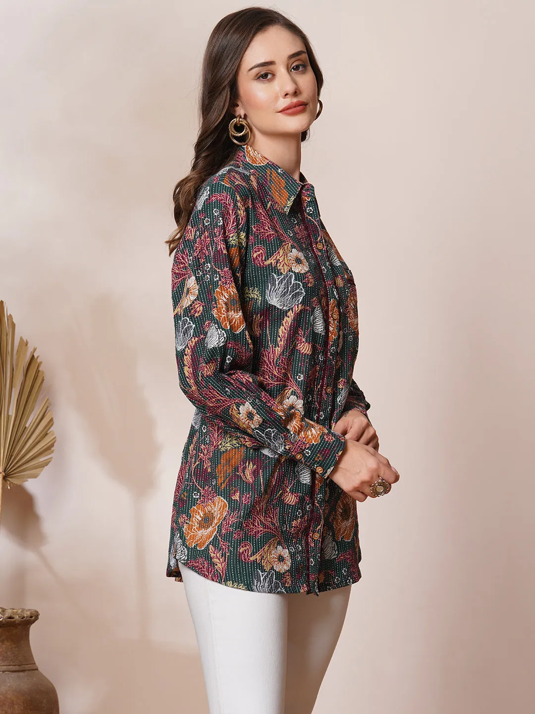 Abstract Floral Printed & Kantha Embroidered Straight Fit Kurti - Green