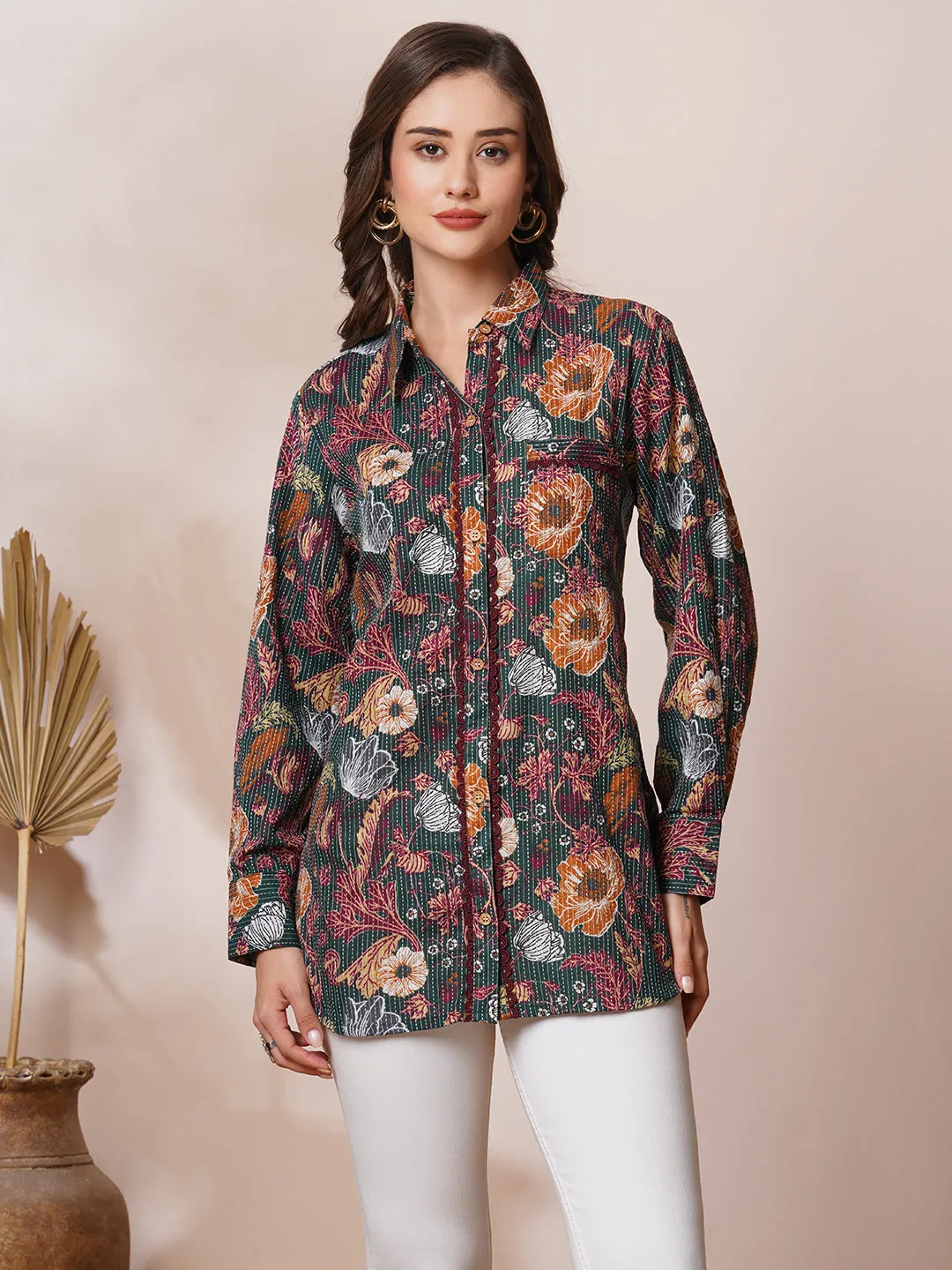 Abstract Floral Printed & Kantha Embroidered Straight Fit Kurti - Green