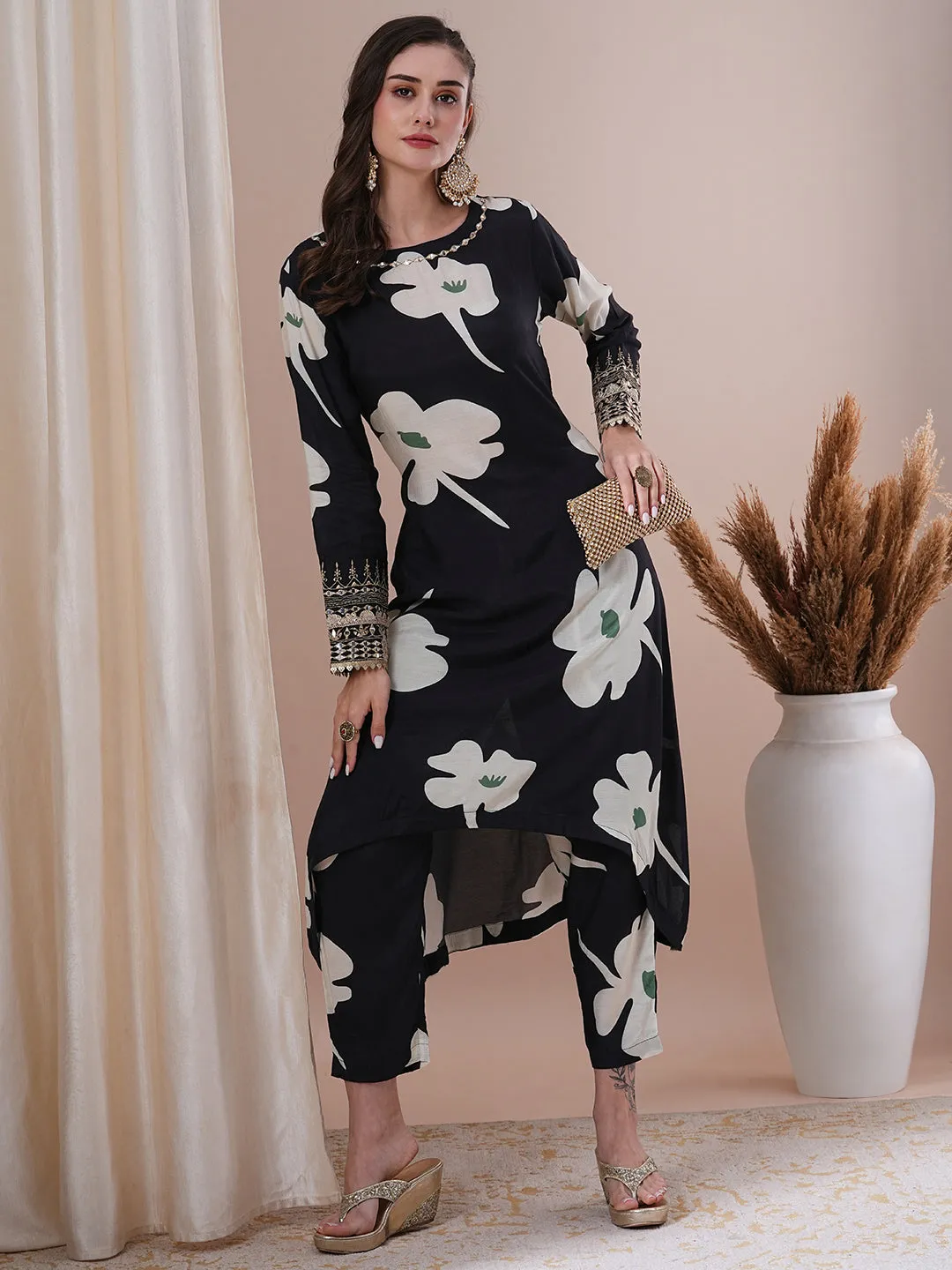 Abstract Floral Printed & Zari Embroidered A-Line Co-ord Set - Black