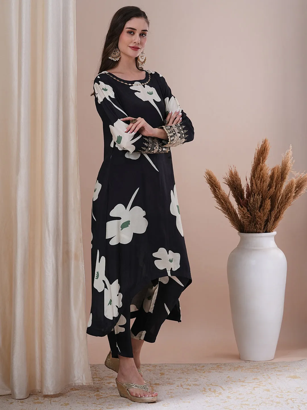 Abstract Floral Printed & Zari Embroidered A-Line Co-ord Set - Black