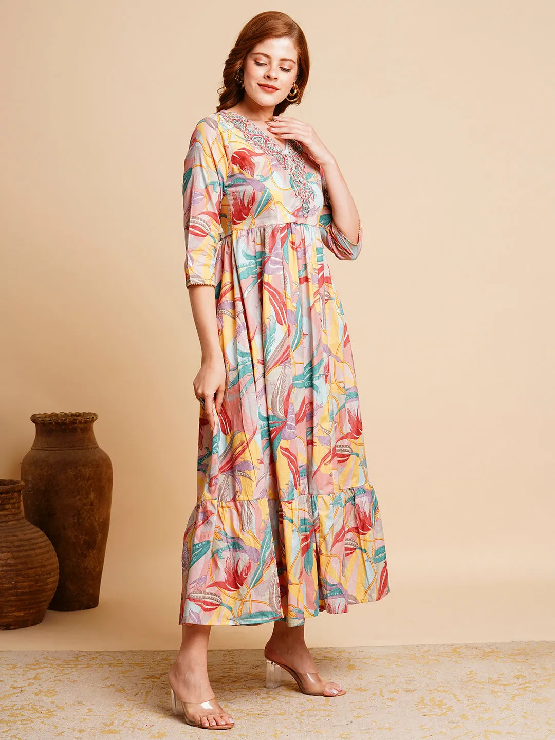 Abstract Floral Printed & Zari Embroidered A-Line Pleated Maxi Dress - Mauve