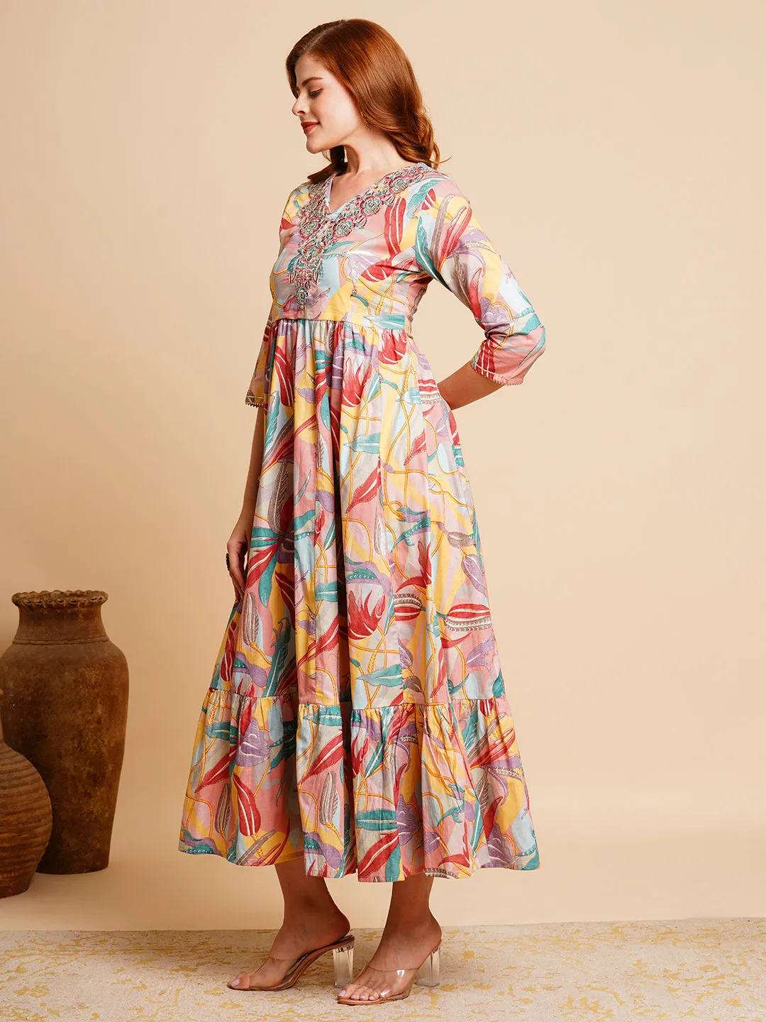 Abstract Floral Printed & Zari Embroidered A-Line Pleated Maxi Dress - Mauve