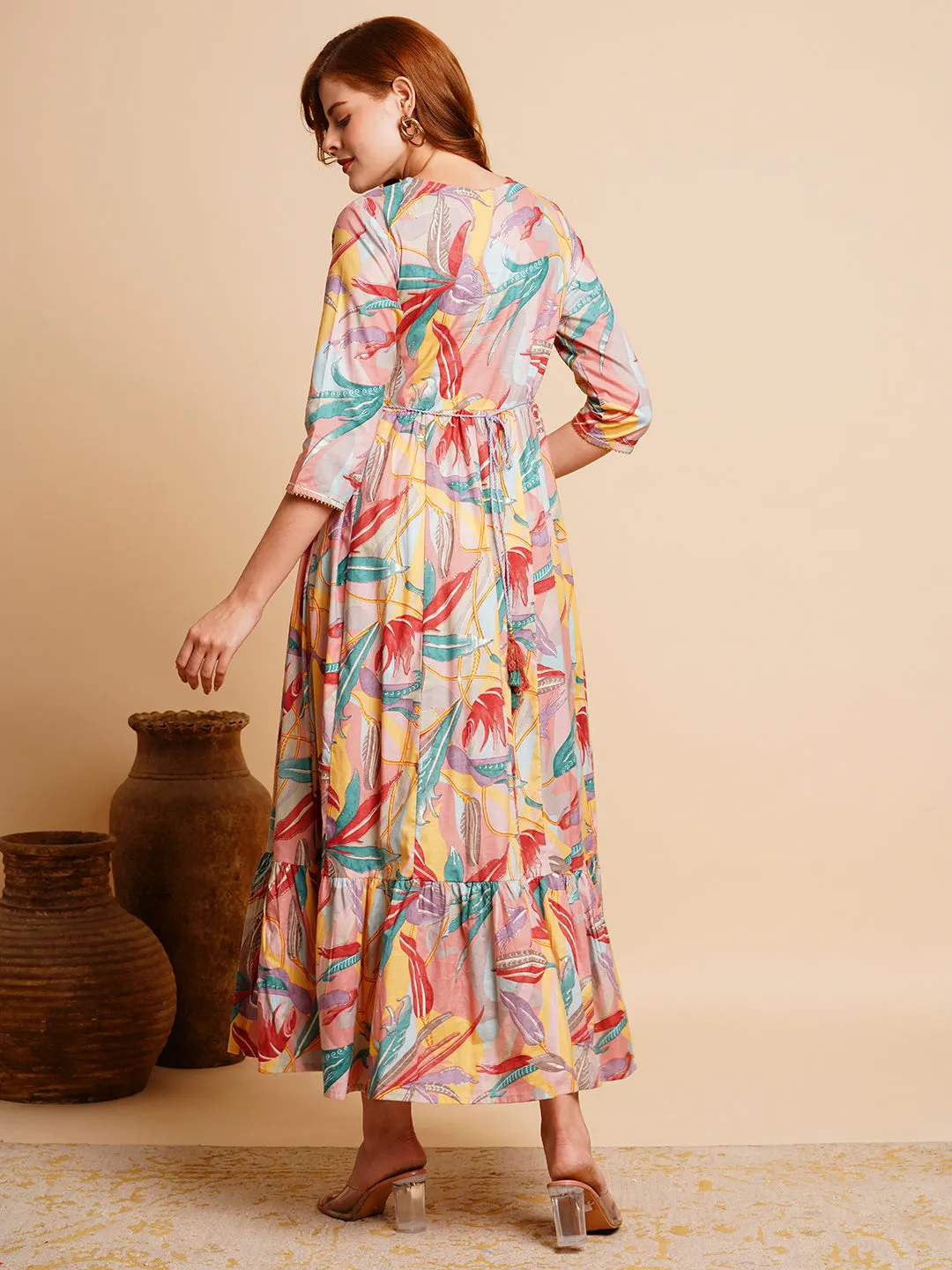 Abstract Floral Printed & Zari Embroidered A-Line Pleated Maxi Dress - Mauve