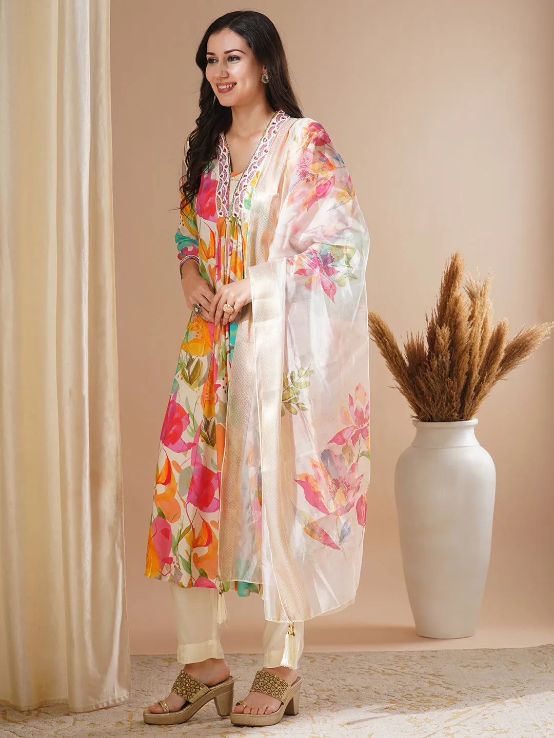 Abstract Floral Printed Embroidered A-Line Pleated Kurta with Pant and Dupatta - Multi