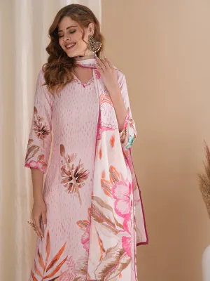 Abstract Floral Printed Embroidered Straight Fit Kurta with Pant and Dupatta - Pink