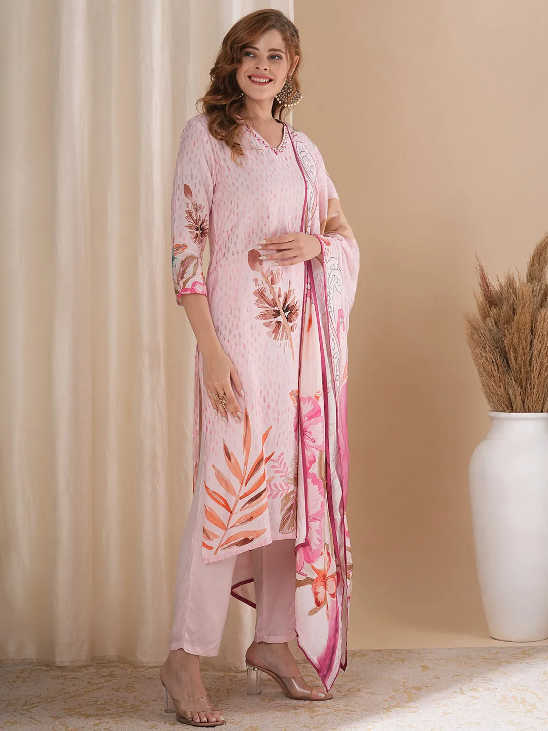 Abstract Floral Printed Embroidered Straight Fit Kurta with Pant and Dupatta - Pink