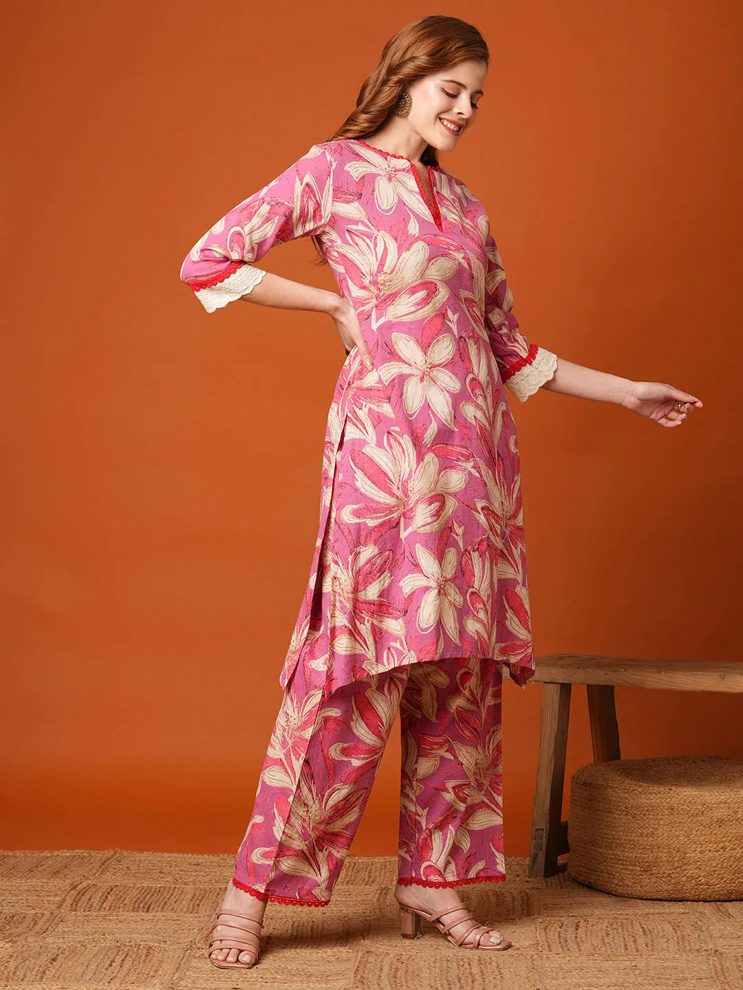 Abstract Floral Printed Straight Fit Co-ord Set - Pink