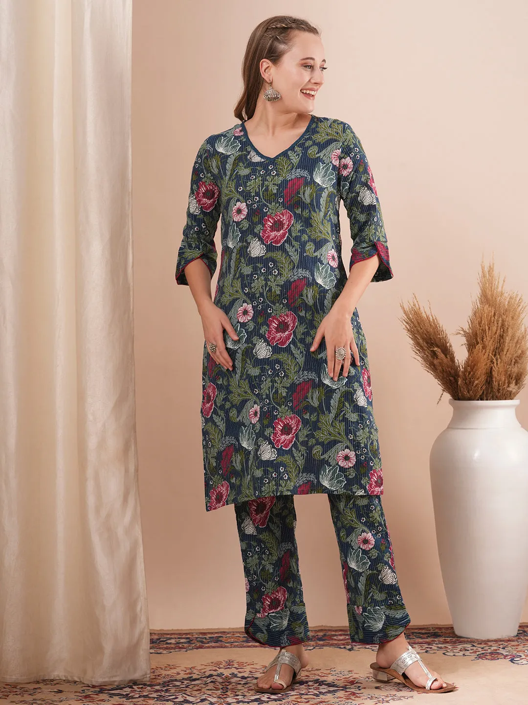 Abstract Floral Printed Straight Fit Co-ord Set - Teal Green