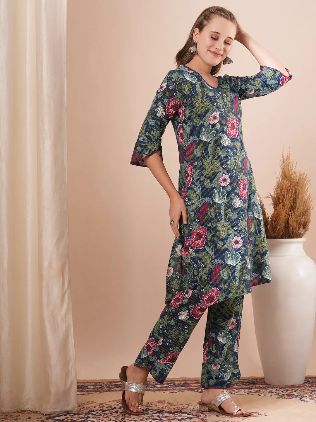 Abstract Floral Printed Straight Fit Co-ord Set - Teal Green