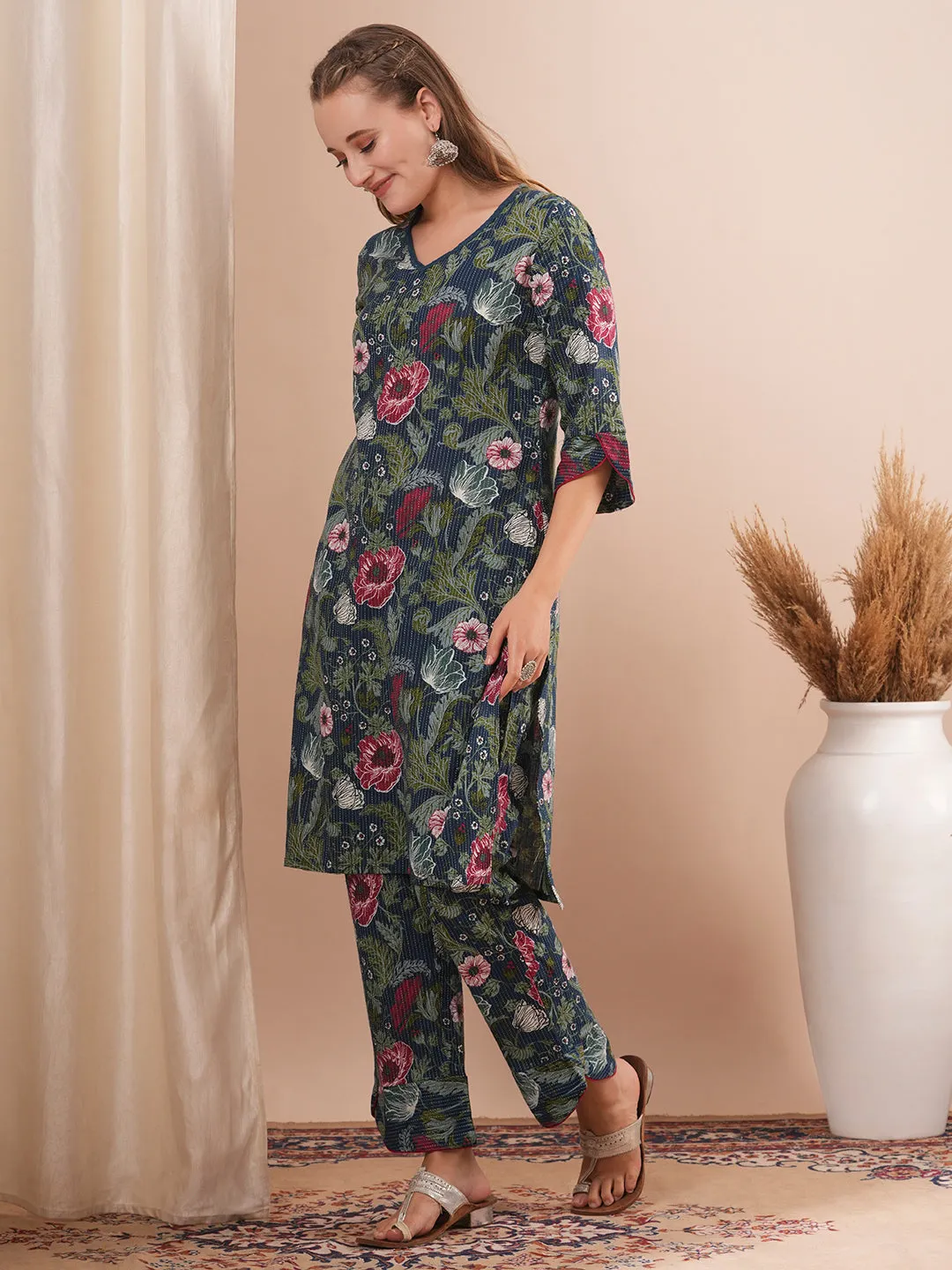 Abstract Floral Printed Straight Fit Co-ord Set - Teal Green