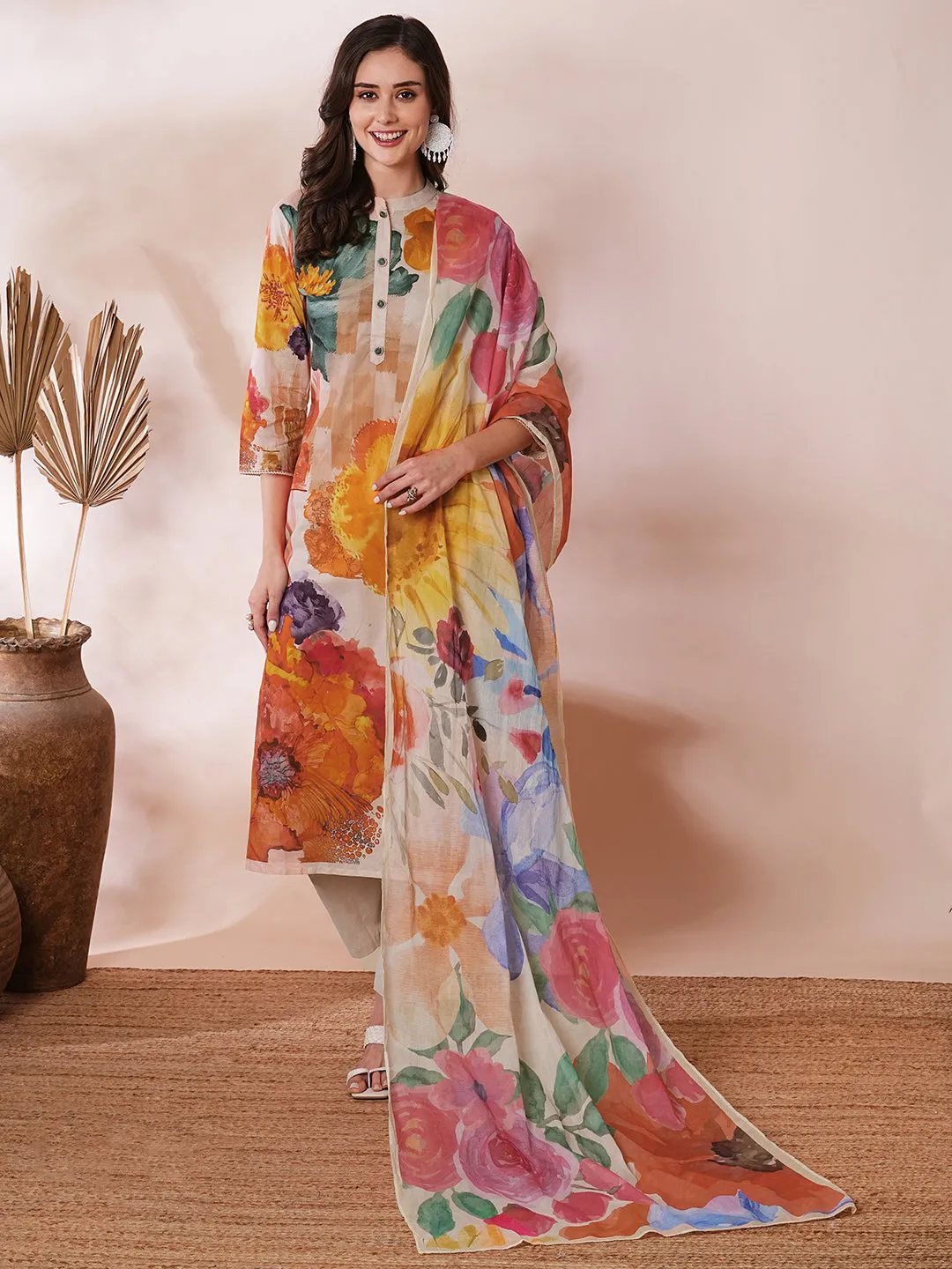 Abstract Floral Printed Straight Fit Kurta with Pant & Printed Dupatta - Multi