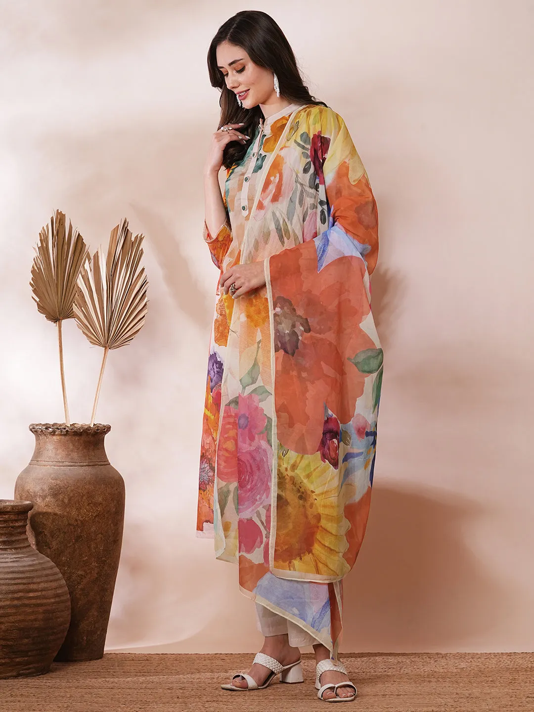 Abstract Floral Printed Straight Fit Kurta with Pant & Printed Dupatta - Multi