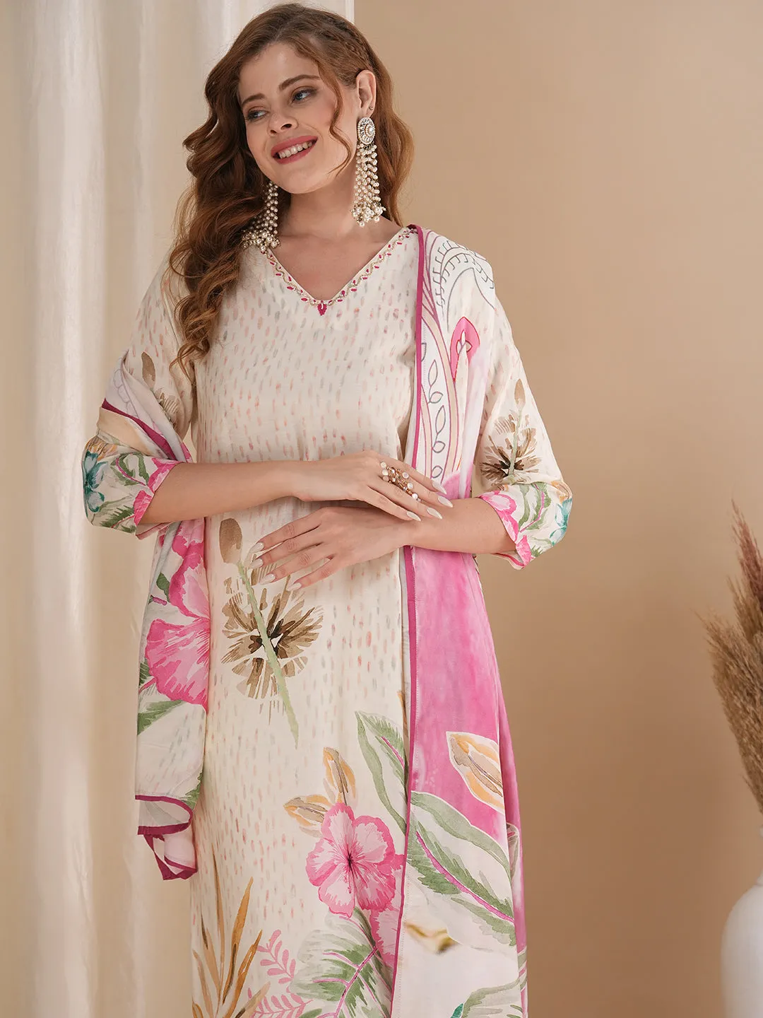 Abstract Floral Printed Straight Fit Kurta with Pant and Printed Dupatta - Cream