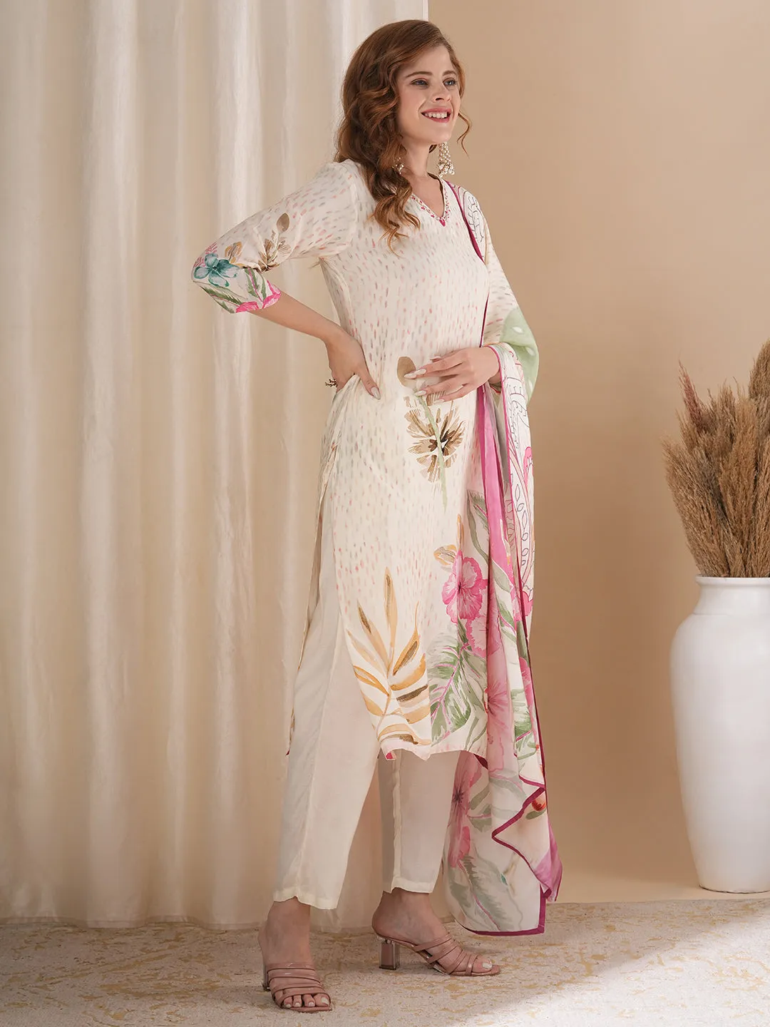 Abstract Floral Printed Straight Fit Kurta with Pant and Printed Dupatta - Cream