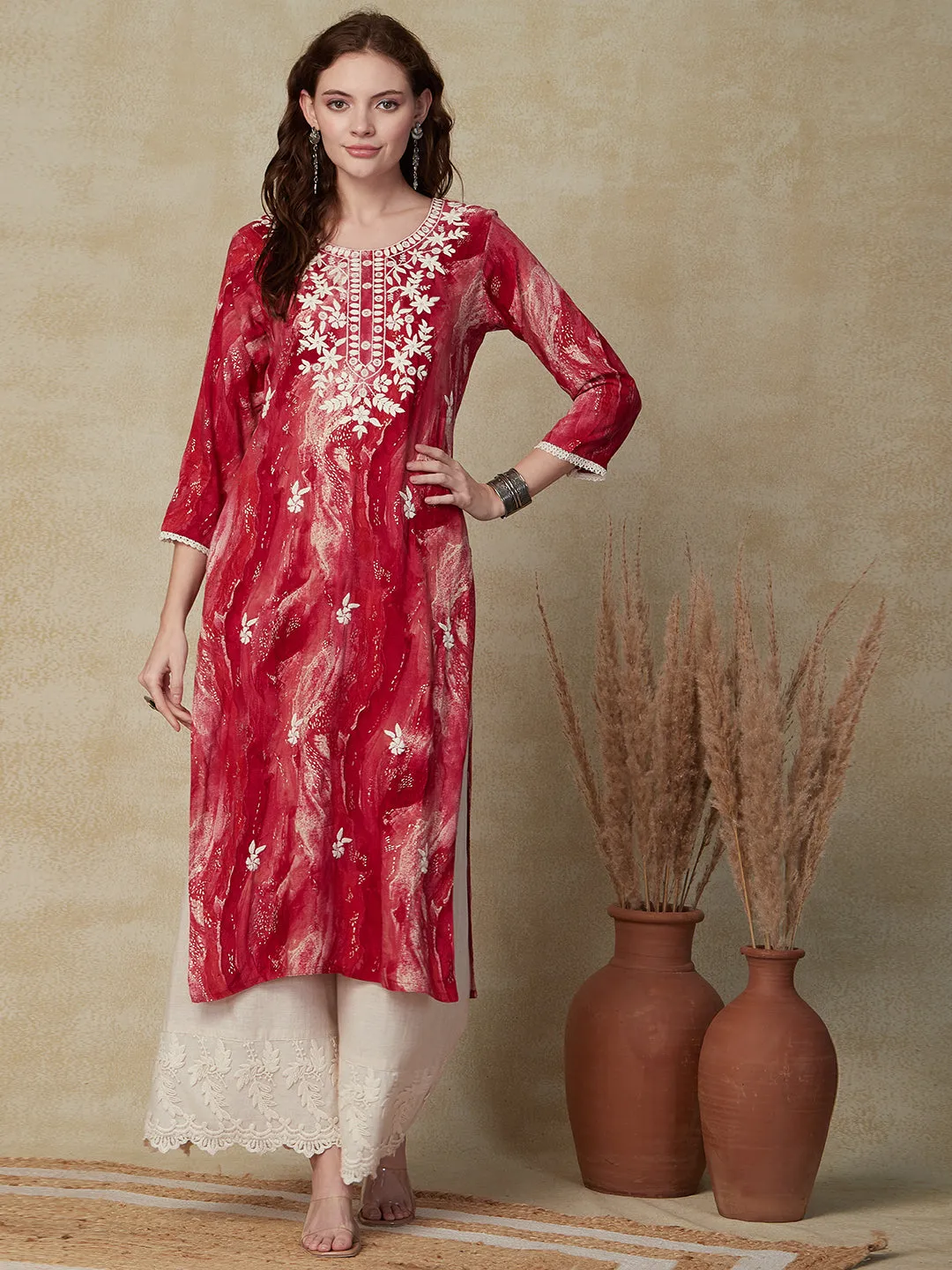 Abstract Foil Printed Resham Embroidered Kurta - Red