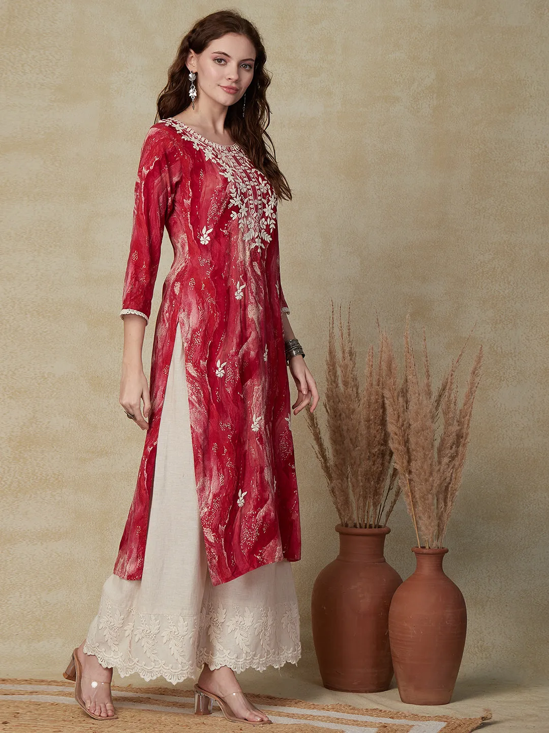 Abstract Foil Printed Resham Embroidered Kurta - Red