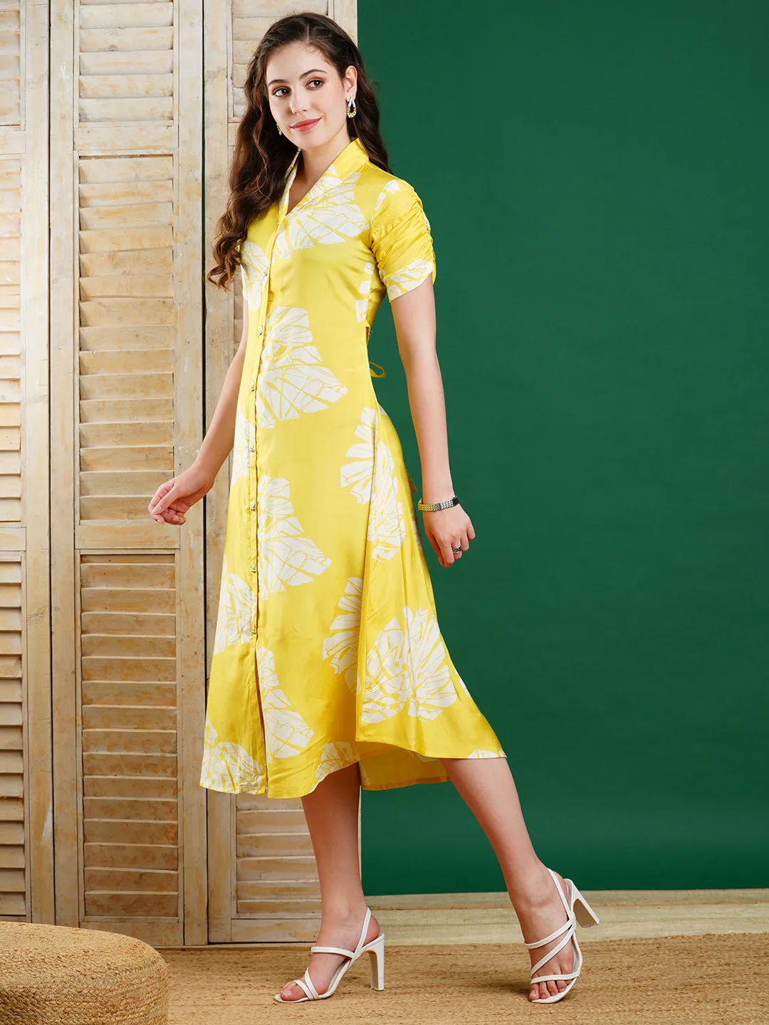 Abstract Geometric Printed A-Line Midi Dress - Yellow