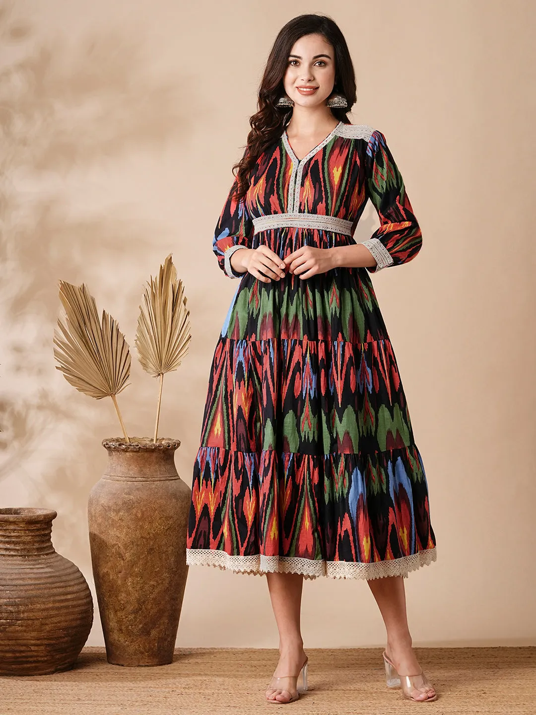 Abstract Ikat Style Printed Resham & Crochet Lace Embellished Dress - Black & Multi