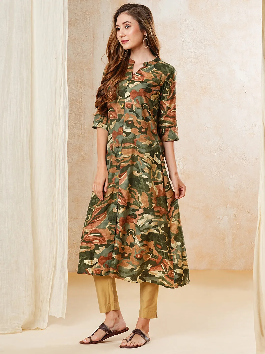 Abstract Printed A-line Kurta - Olive