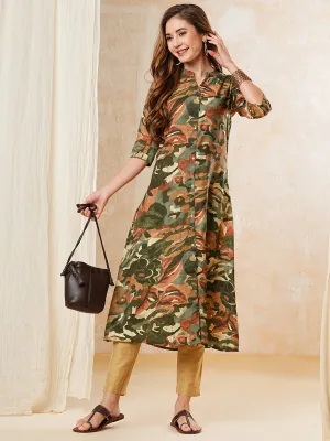 Abstract Printed A-line Kurta - Olive