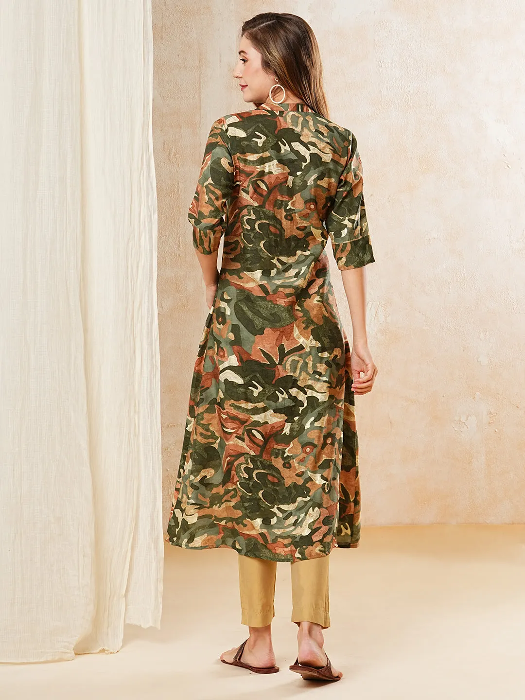 Abstract Printed A-line Kurta - Olive