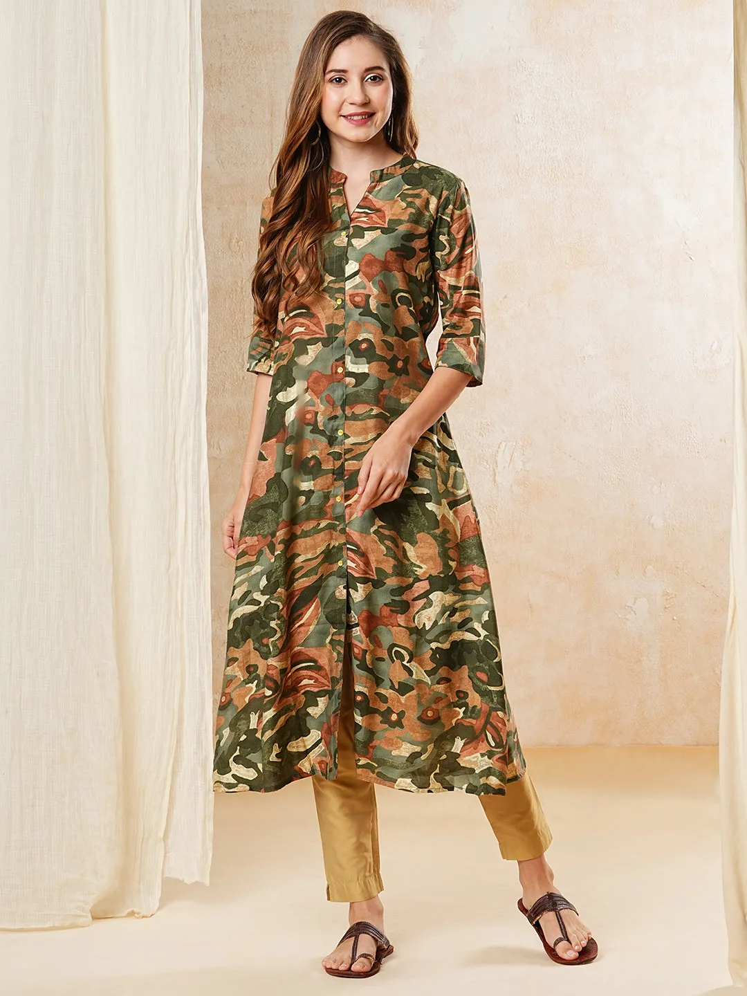 Abstract Printed A-line Kurta - Olive