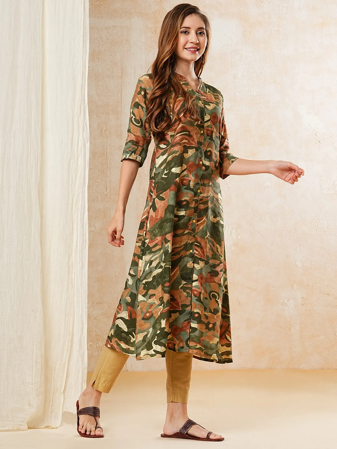 Abstract Printed A-line Kurta - Olive