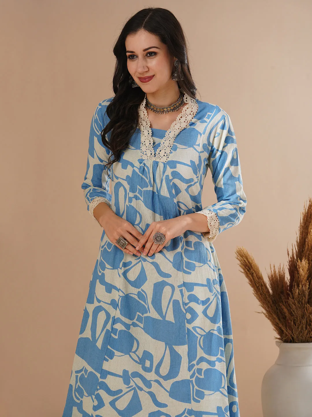 Abstract Printed A-Line Paneled Kurta with Palazzo - Blue