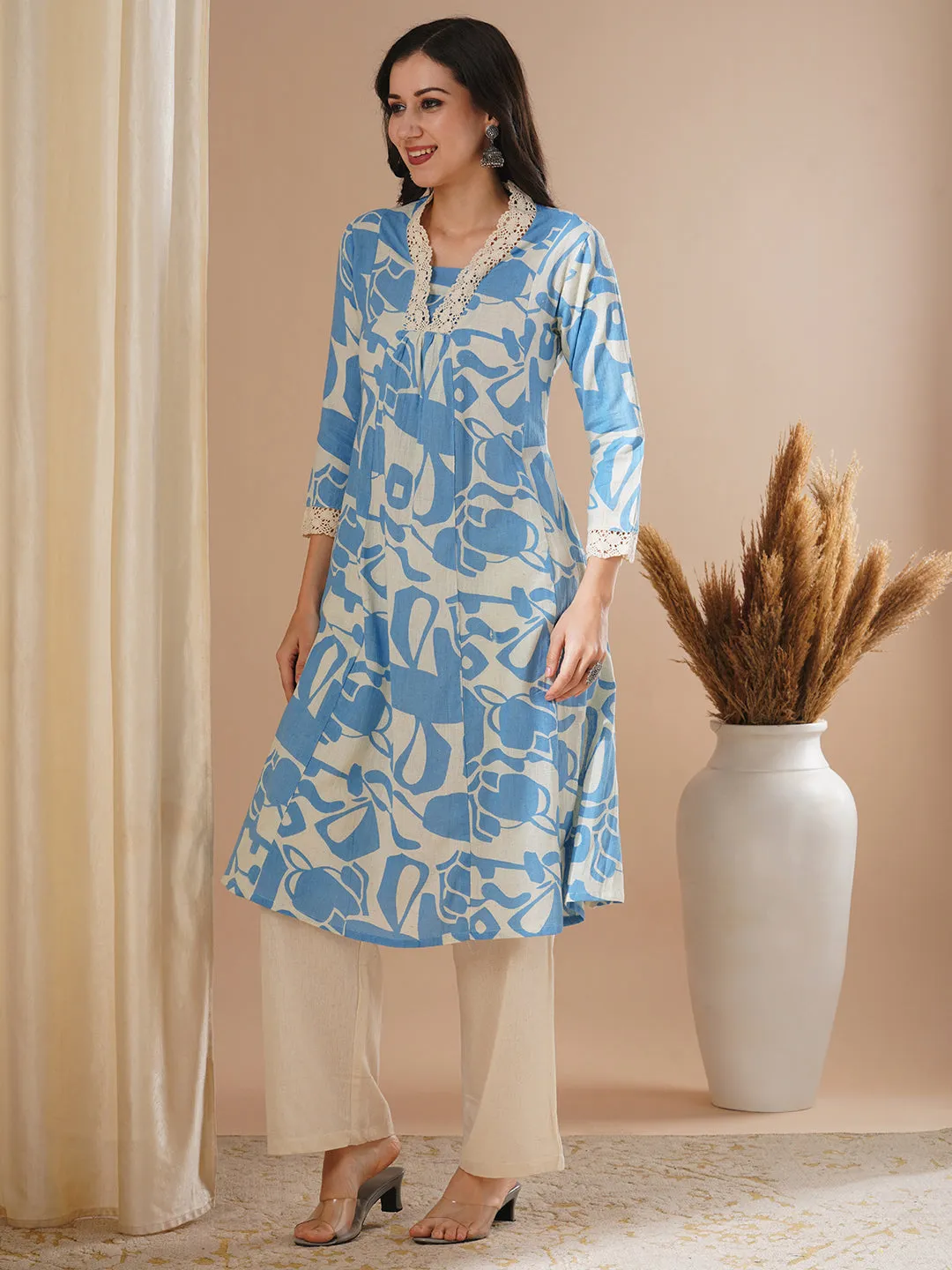 Abstract Printed A-Line Paneled Kurta with Palazzo - Blue