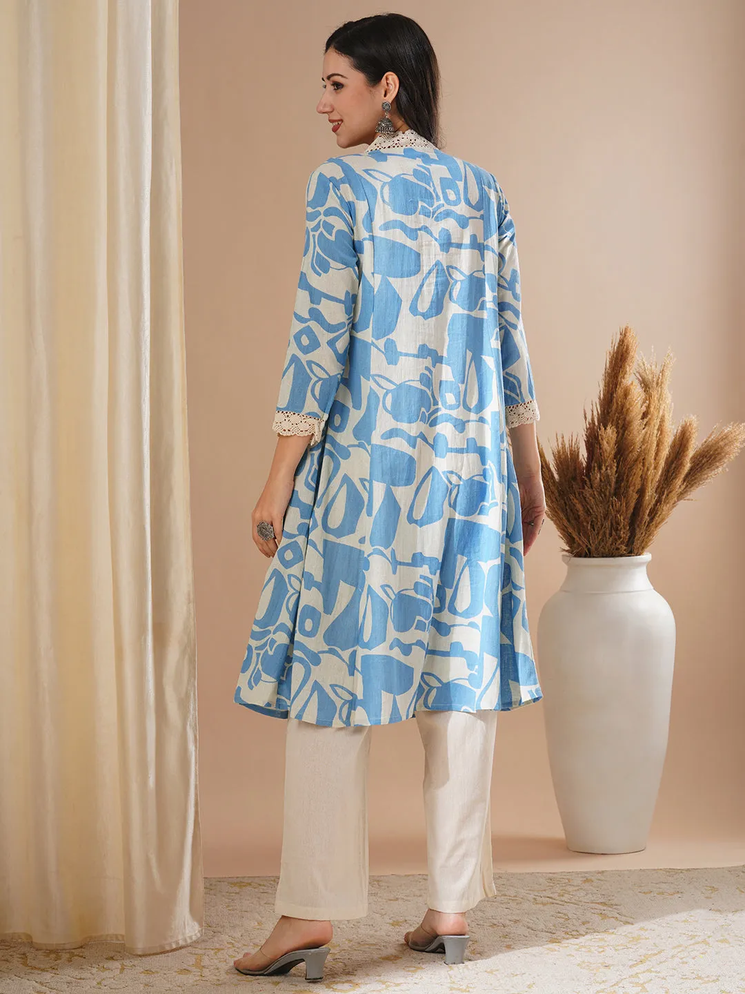 Abstract Printed A-Line Paneled Kurta with Palazzo - Blue