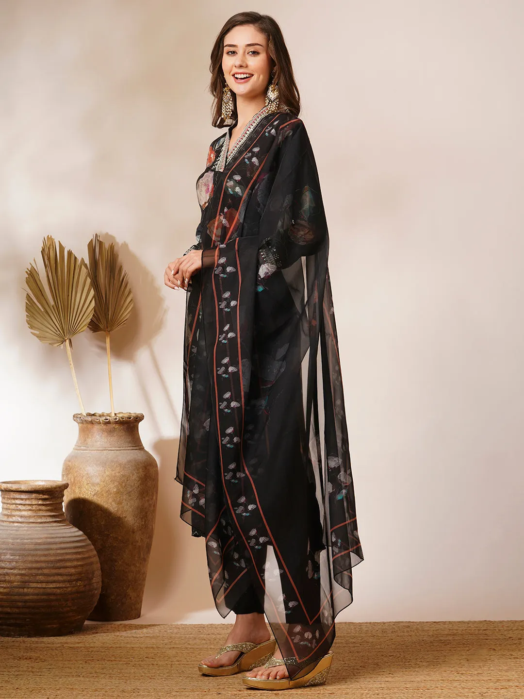 Abstract Printed & Embroidered Straight Kurta with Pant & Dupatta - Black