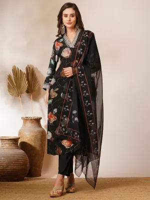 Abstract Printed & Embroidered Straight Kurta with Pant & Dupatta - Black