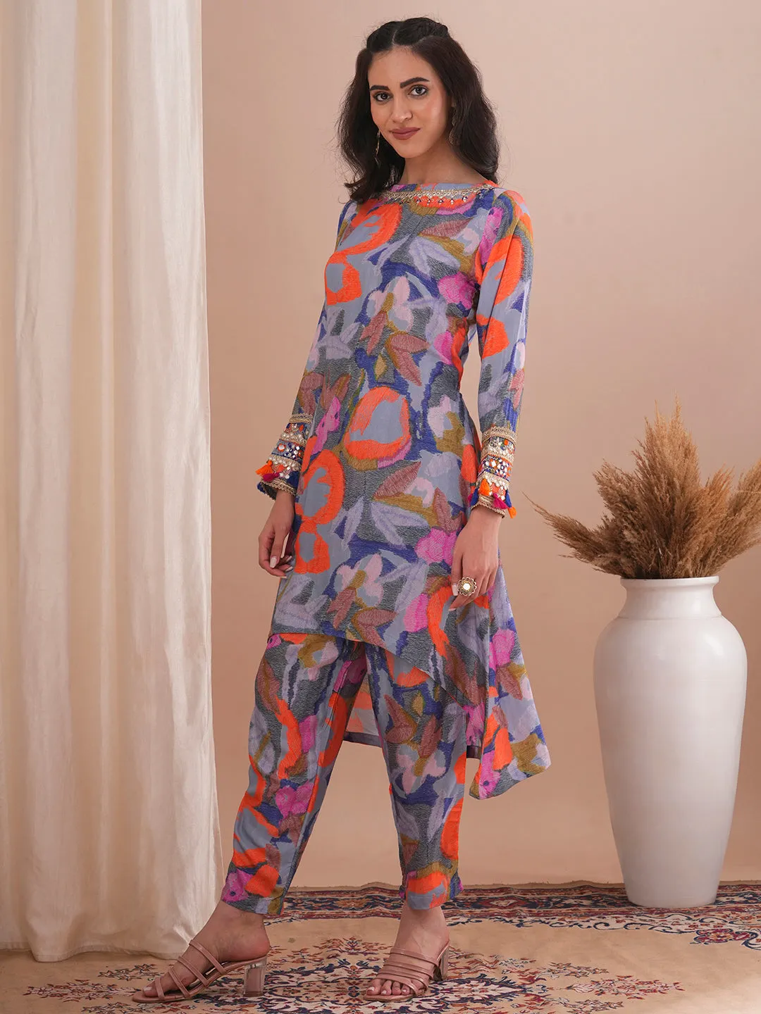 Abstract Printed & Mirror Embroidered A-Line High Low Co-ord Set - Multi