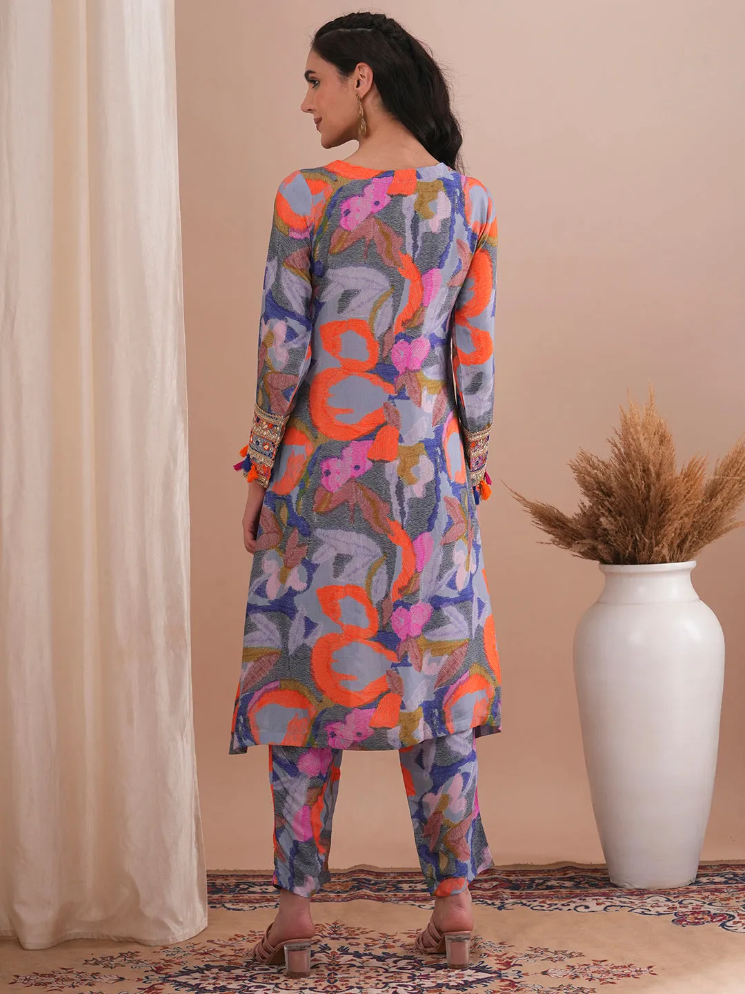 Abstract Printed & Mirror Embroidered A-Line High Low Co-ord Set - Multi