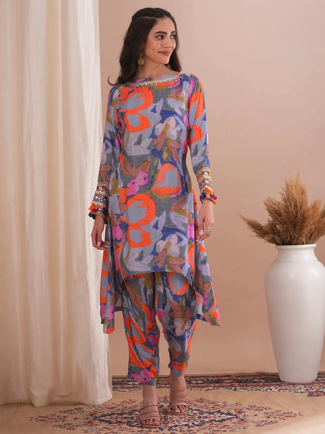 Abstract Printed & Mirror Embroidered A-Line High Low Co-ord Set - Multi