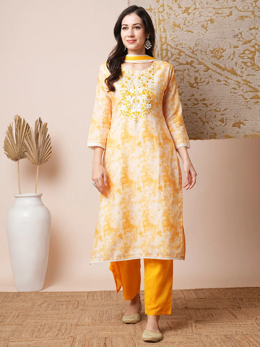 Abstract Printed & Mirror Embroidered Straight Fit Kurta with Pant and Dupatta - Yellow