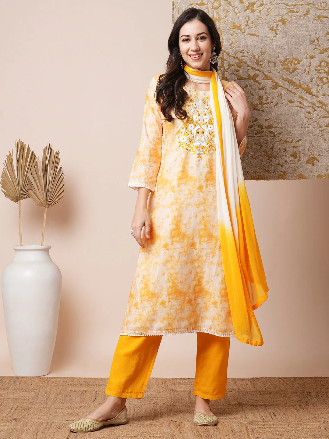 Abstract Printed & Mirror Embroidered Straight Fit Kurta with Pant and Dupatta - Yellow