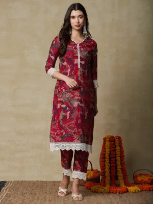 Abstract Printed Crochet lace Embellished Kurta with Pants - Multi