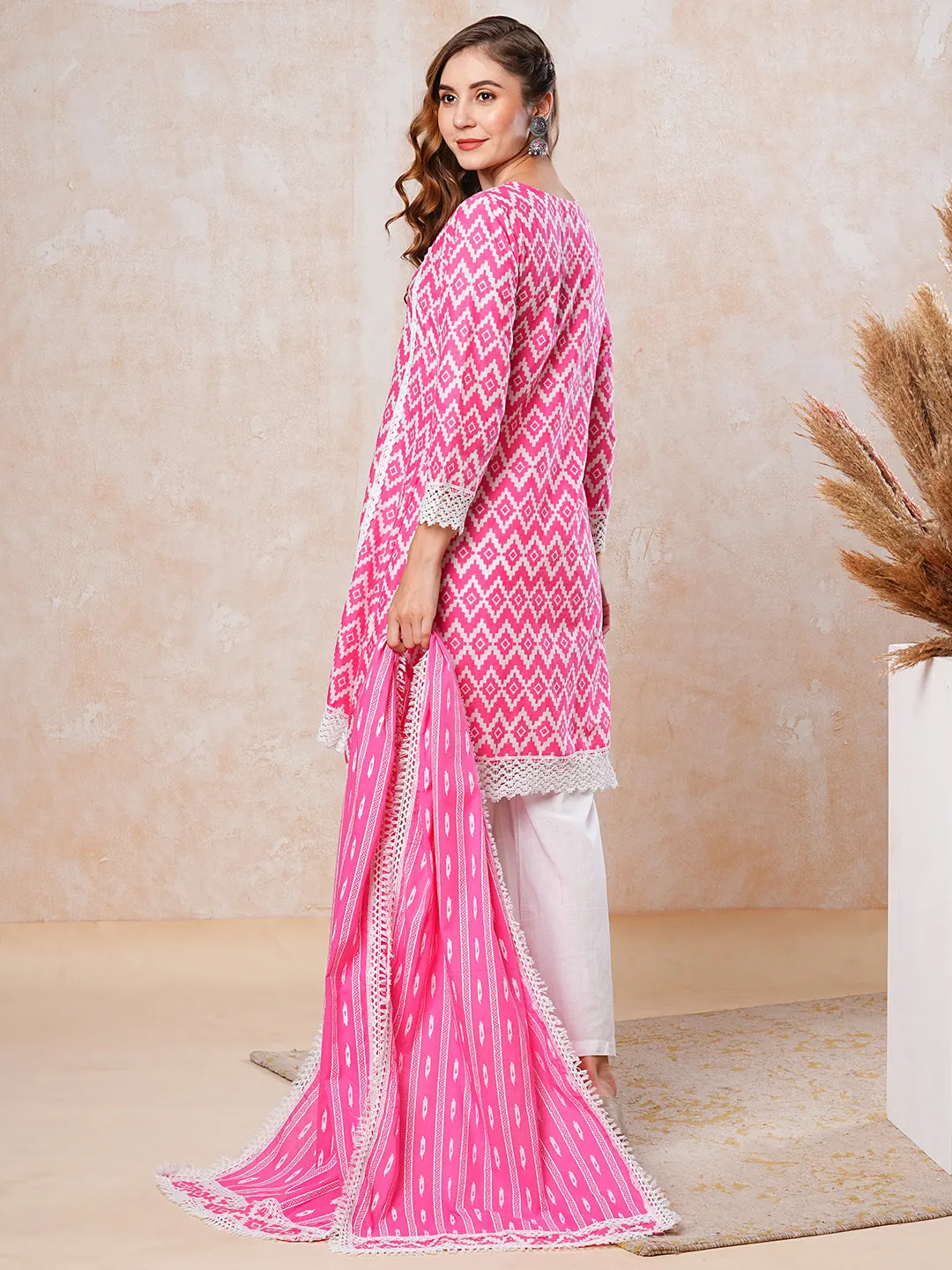 Abstract Printed Crochet Lace Work A-line Short Kurta with Palazzo & Dupatta - Pink