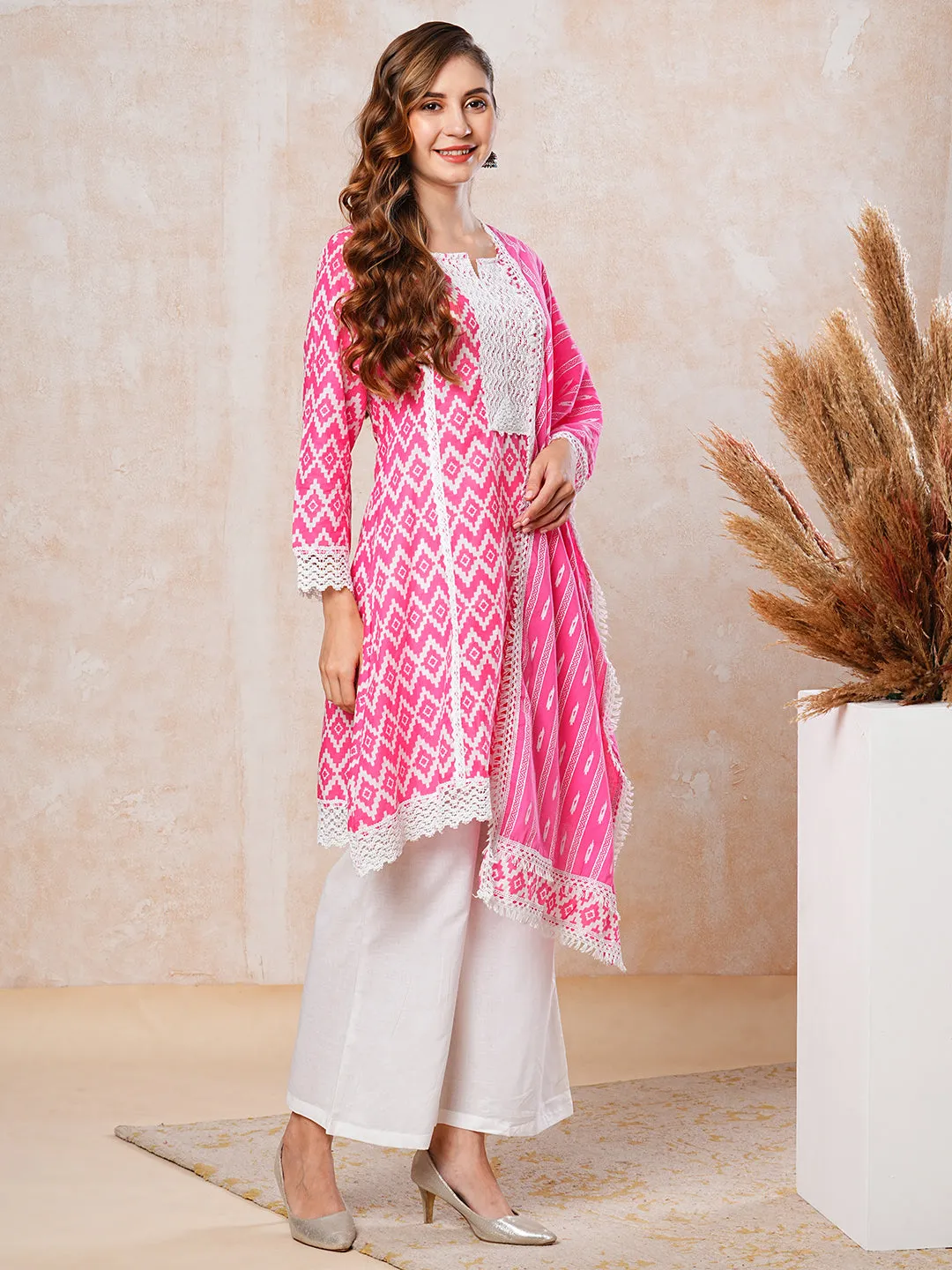 Abstract Printed Crochet Lace Work A-line Short Kurta with Palazzo & Dupatta - Pink