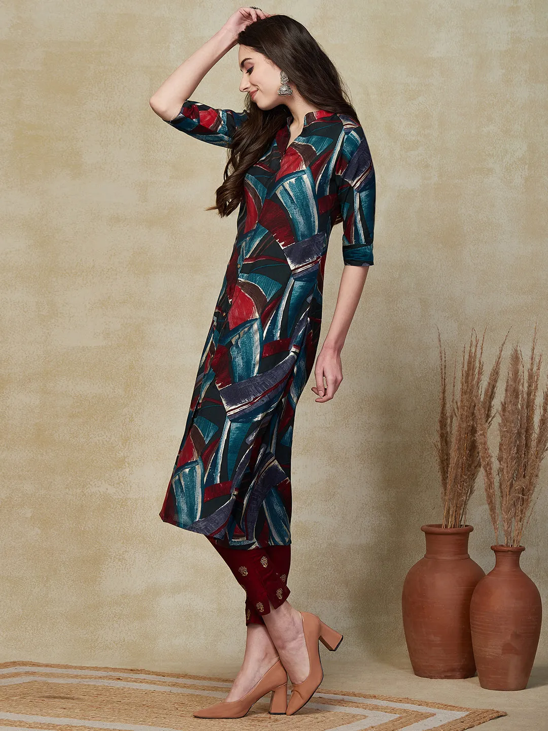 Abstract Printed Golden Buttons Embellished A-line Kurta - Multi & Blue