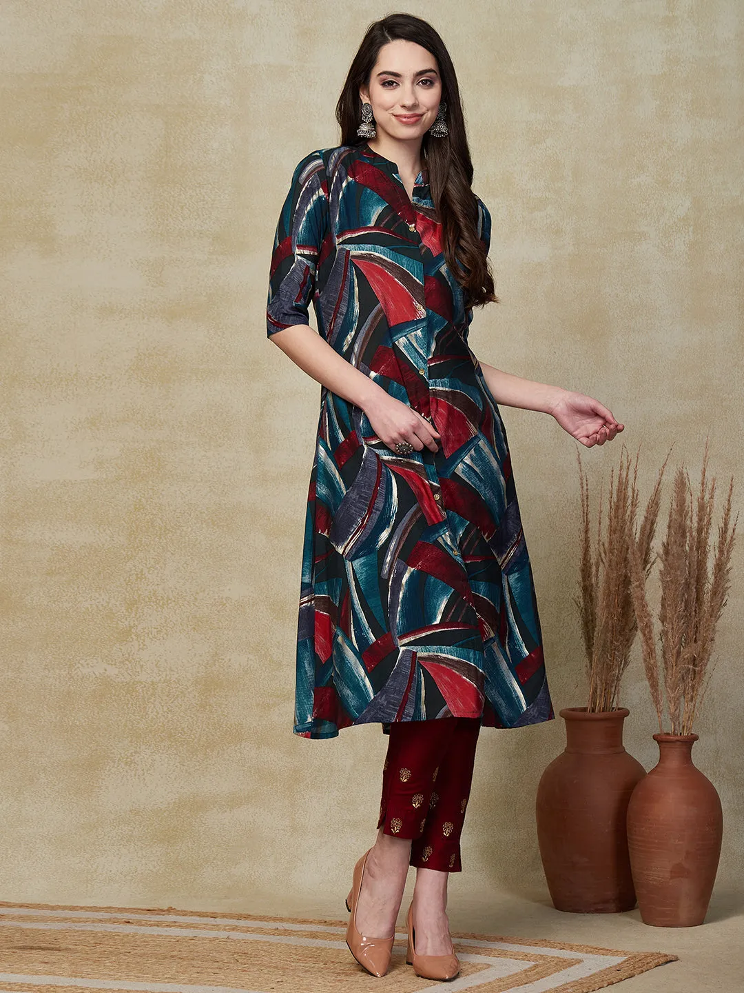 Abstract Printed Golden Buttons Embellished A-line Kurta - Multi & Blue