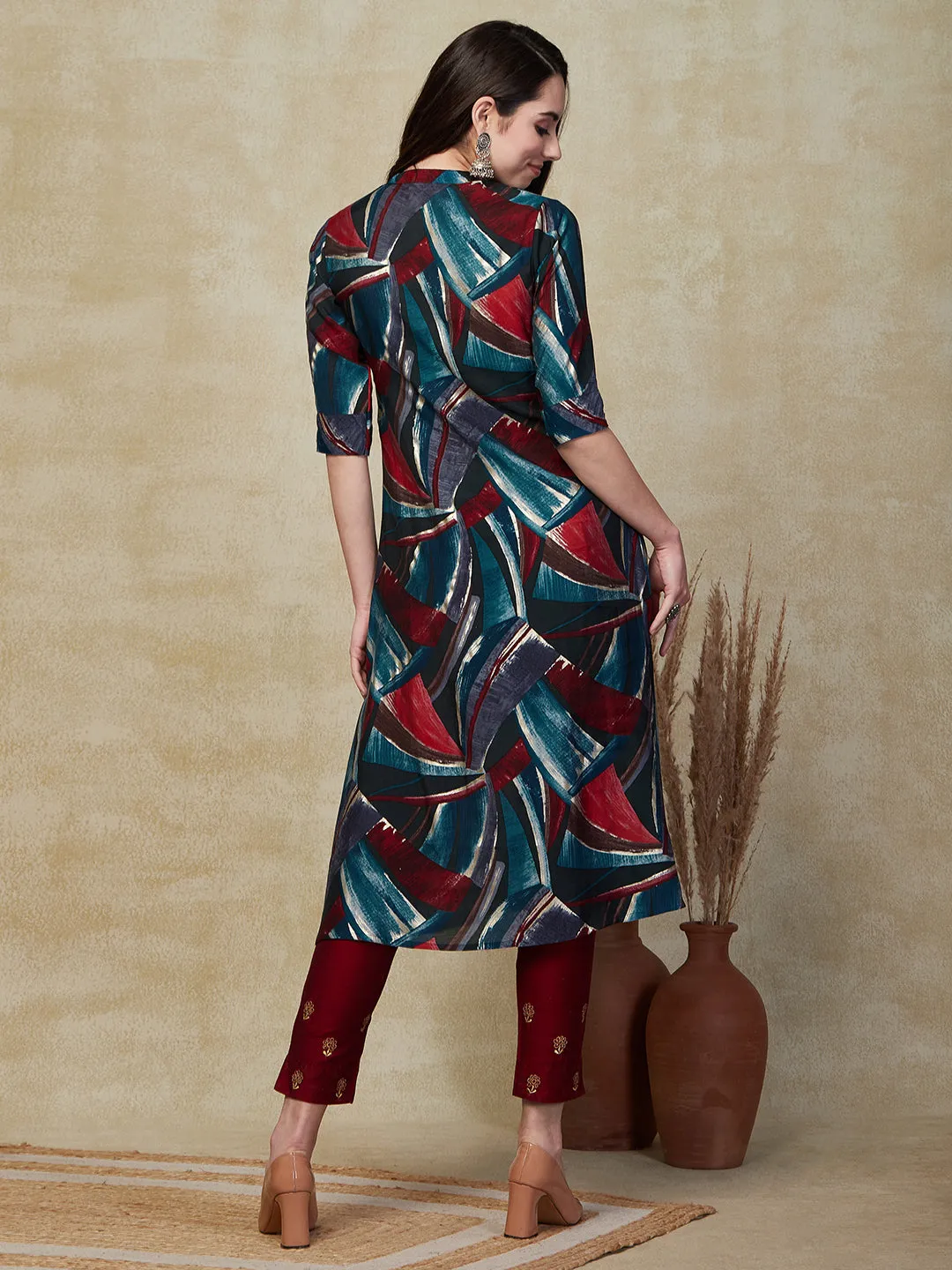 Abstract Printed Golden Buttons Embellished A-line Kurta - Multi & Blue