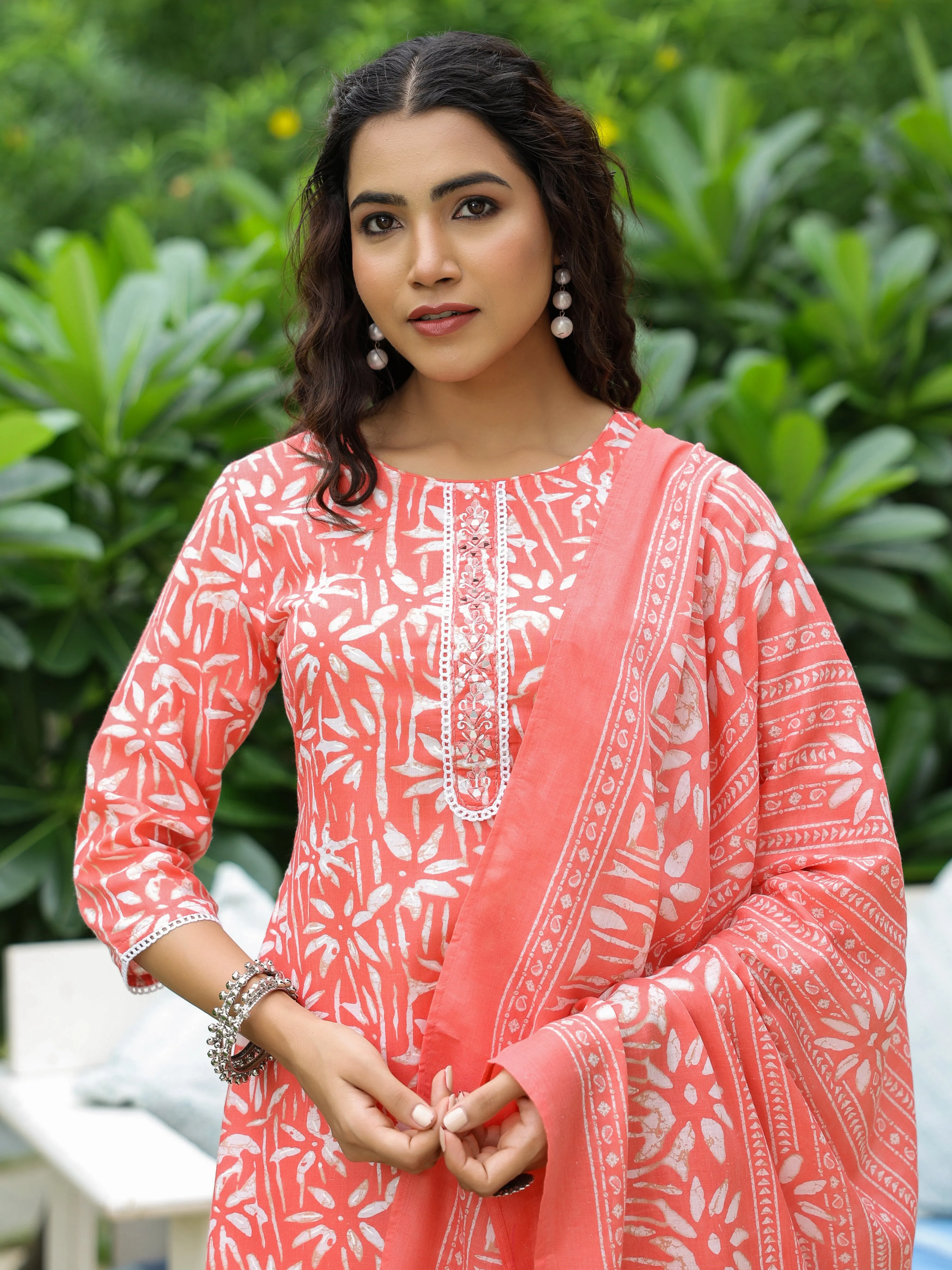 Abstract Printed Mirror & Resham Embroidered Kurta with Pants & Dupatta - Peach-Orange