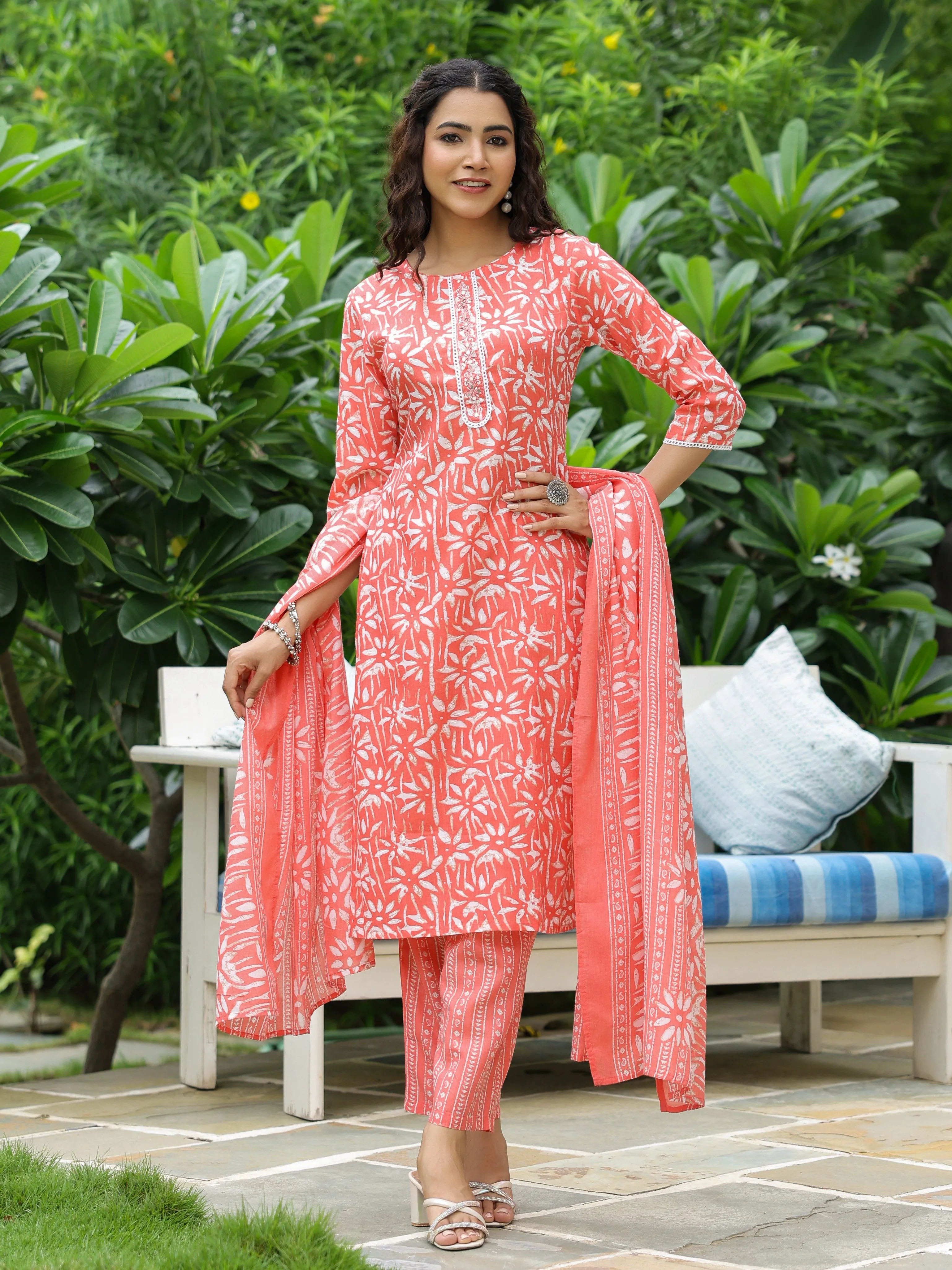 Abstract Printed Mirror & Resham Embroidered Kurta with Pants & Dupatta - Peach-Orange