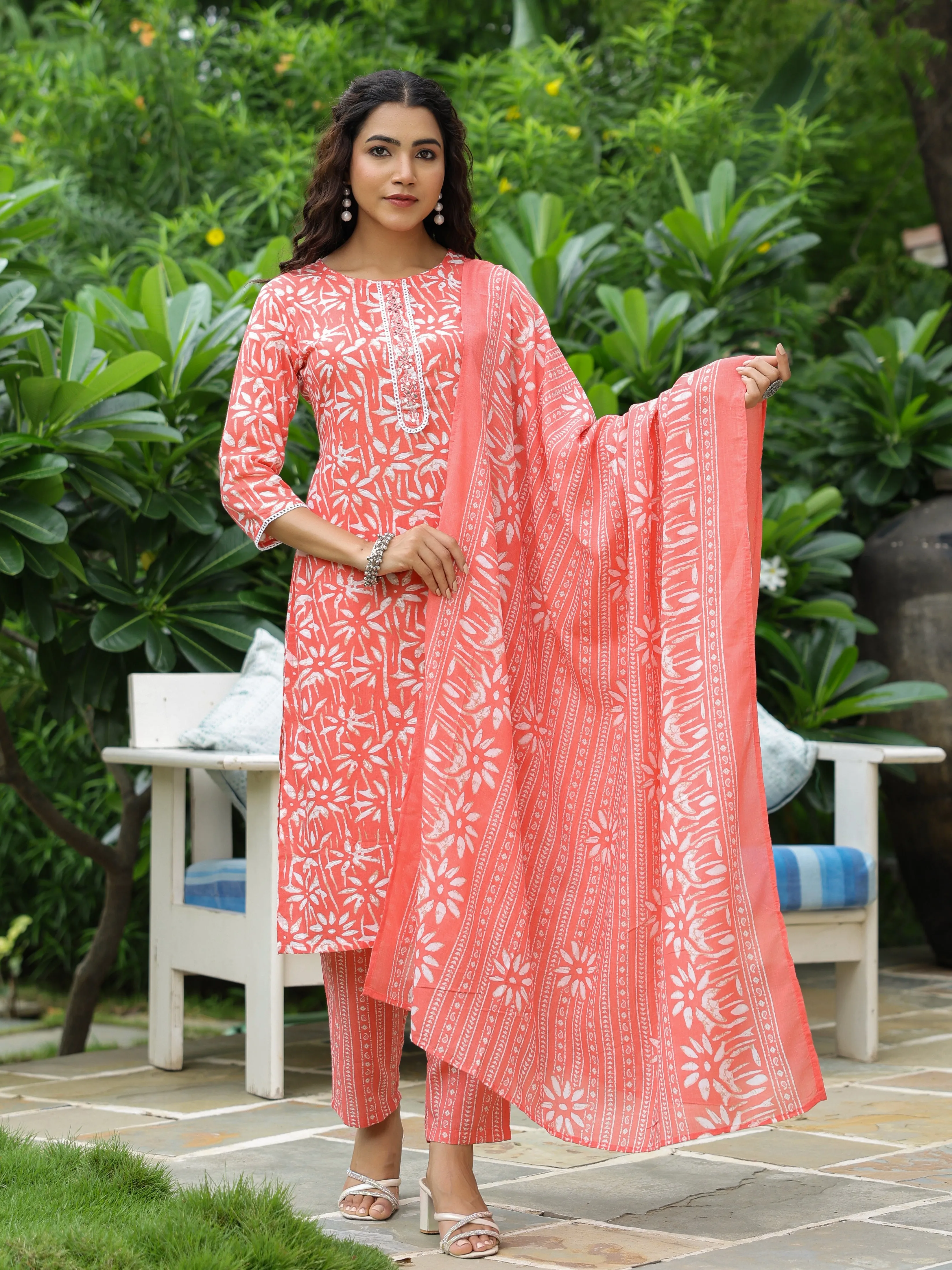 Abstract Printed Mirror & Resham Embroidered Kurta with Pants & Dupatta - Peach-Orange