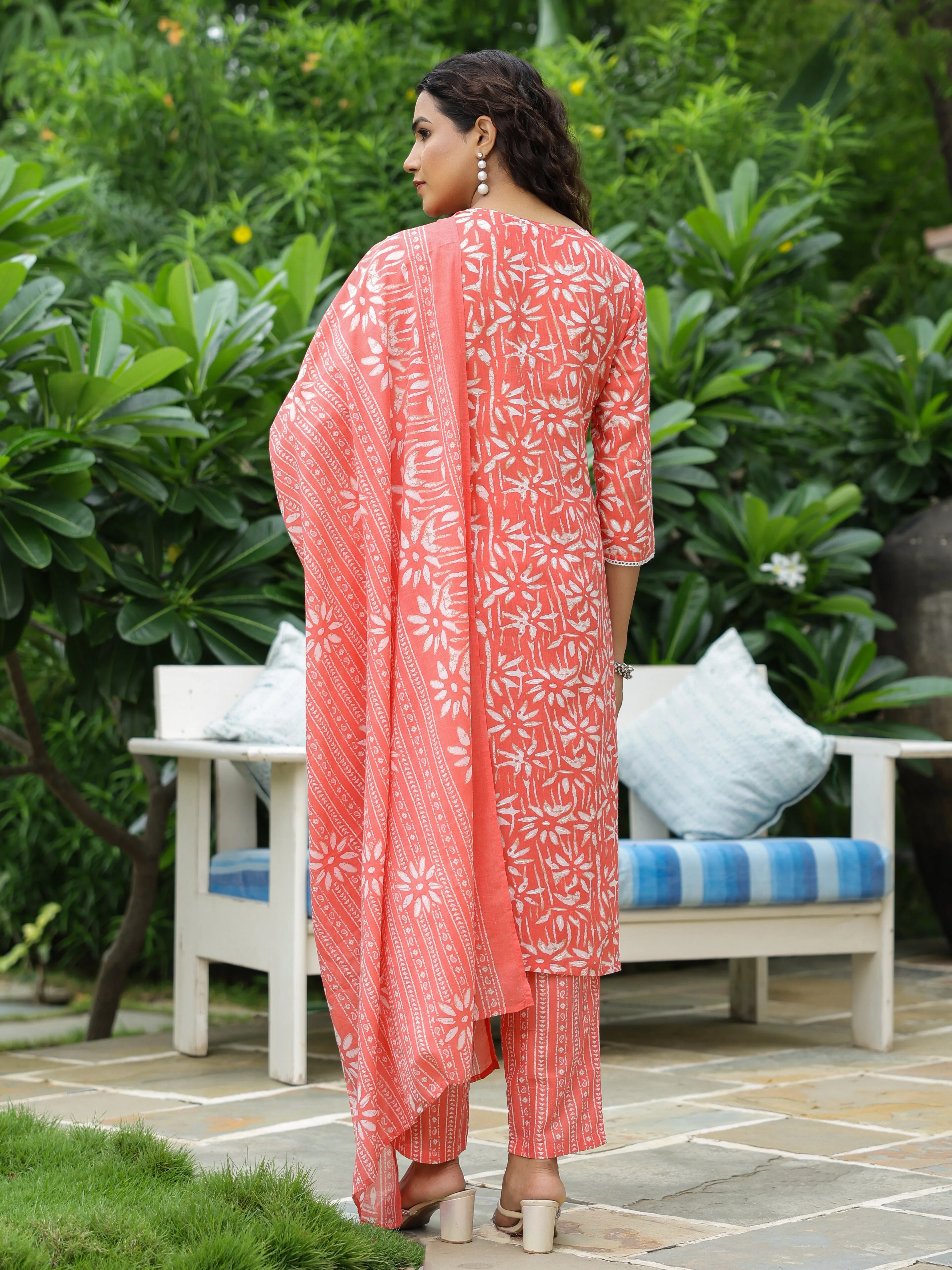 Abstract Printed Mirror & Resham Embroidered Kurta with Pants & Dupatta - Peach-Orange